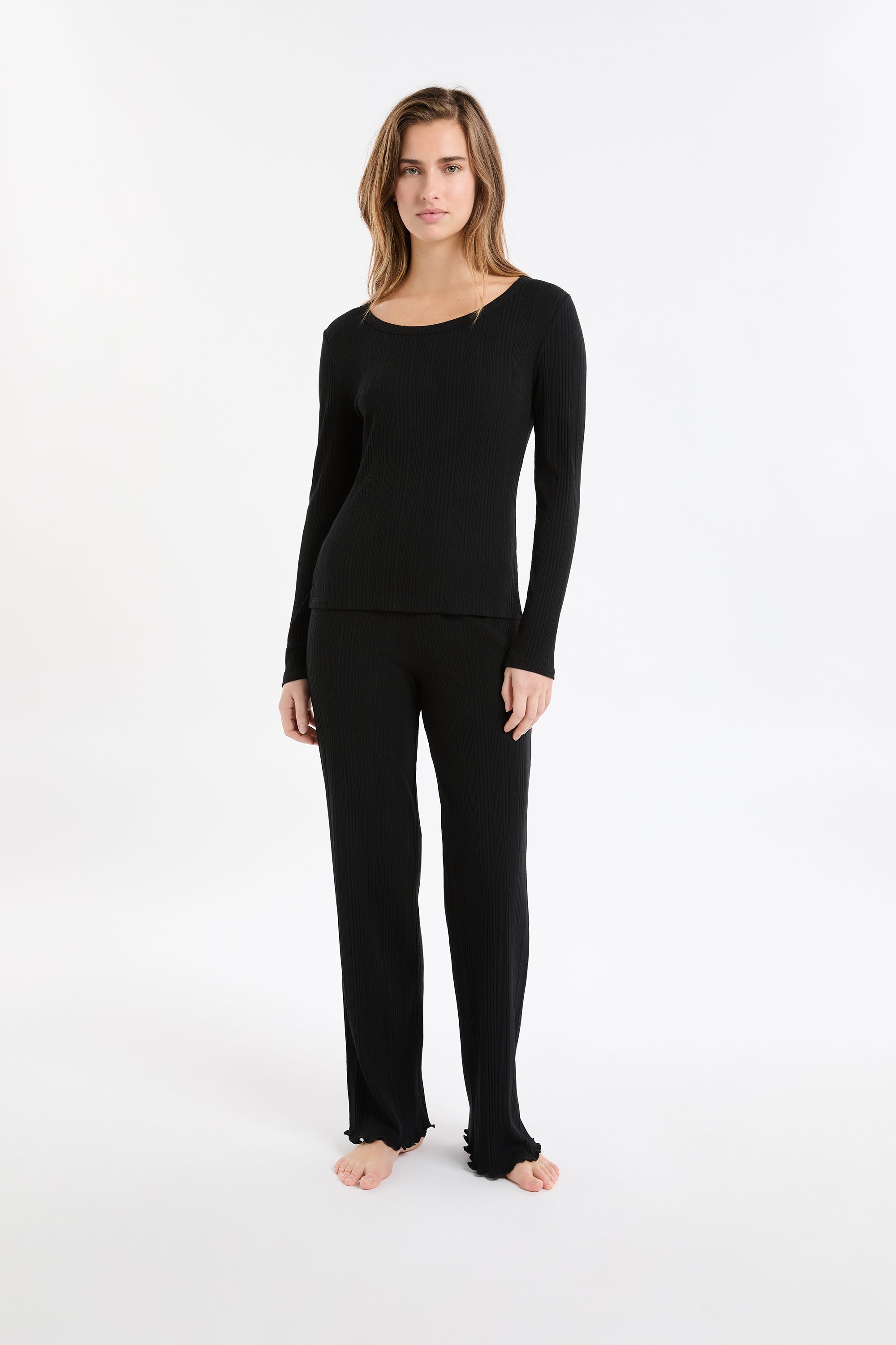 Long-Sleeved Ribbed Cotton Pyjama T-Shirt