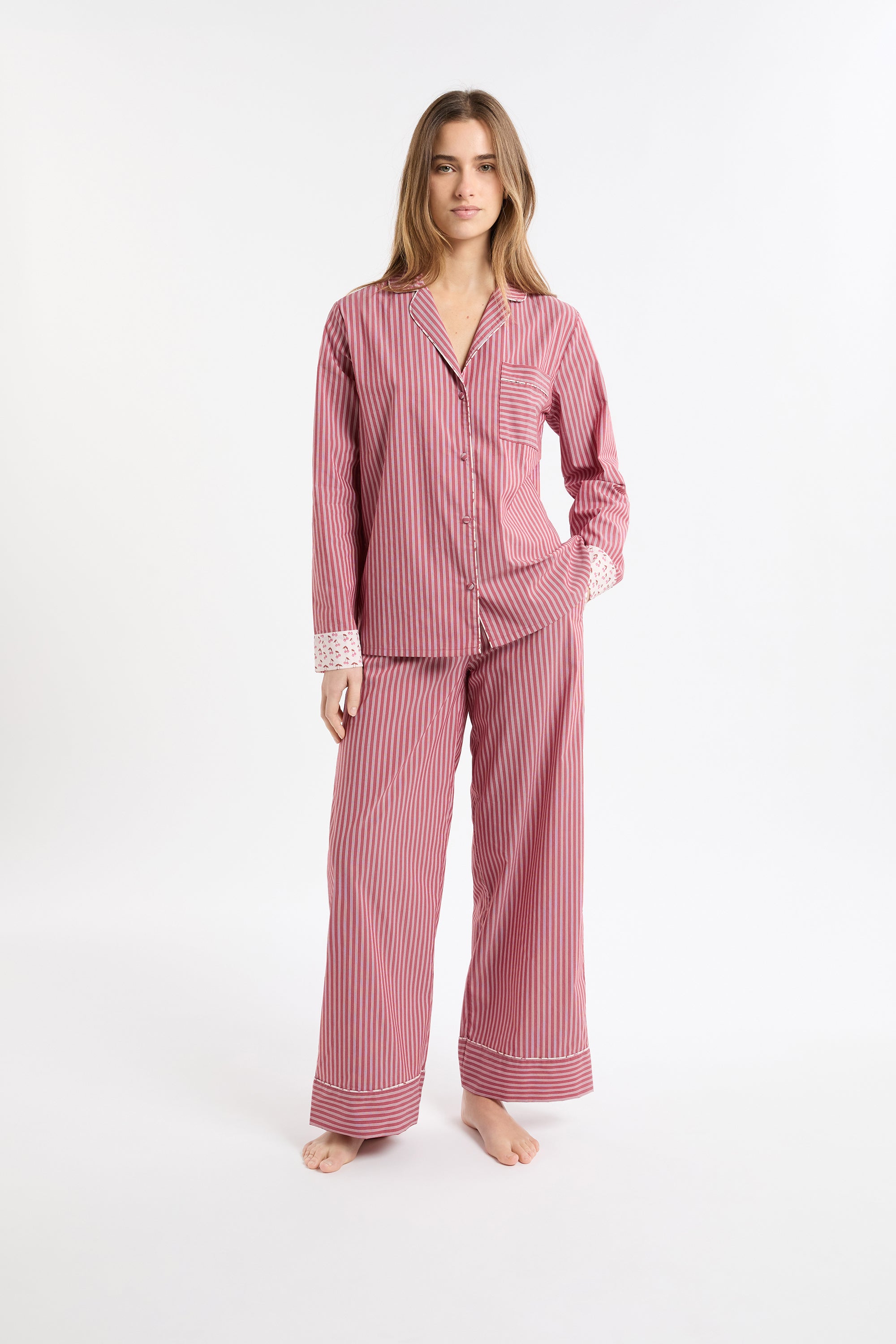Striped Cotton Pajama Shirt With 'Cocktail' Details