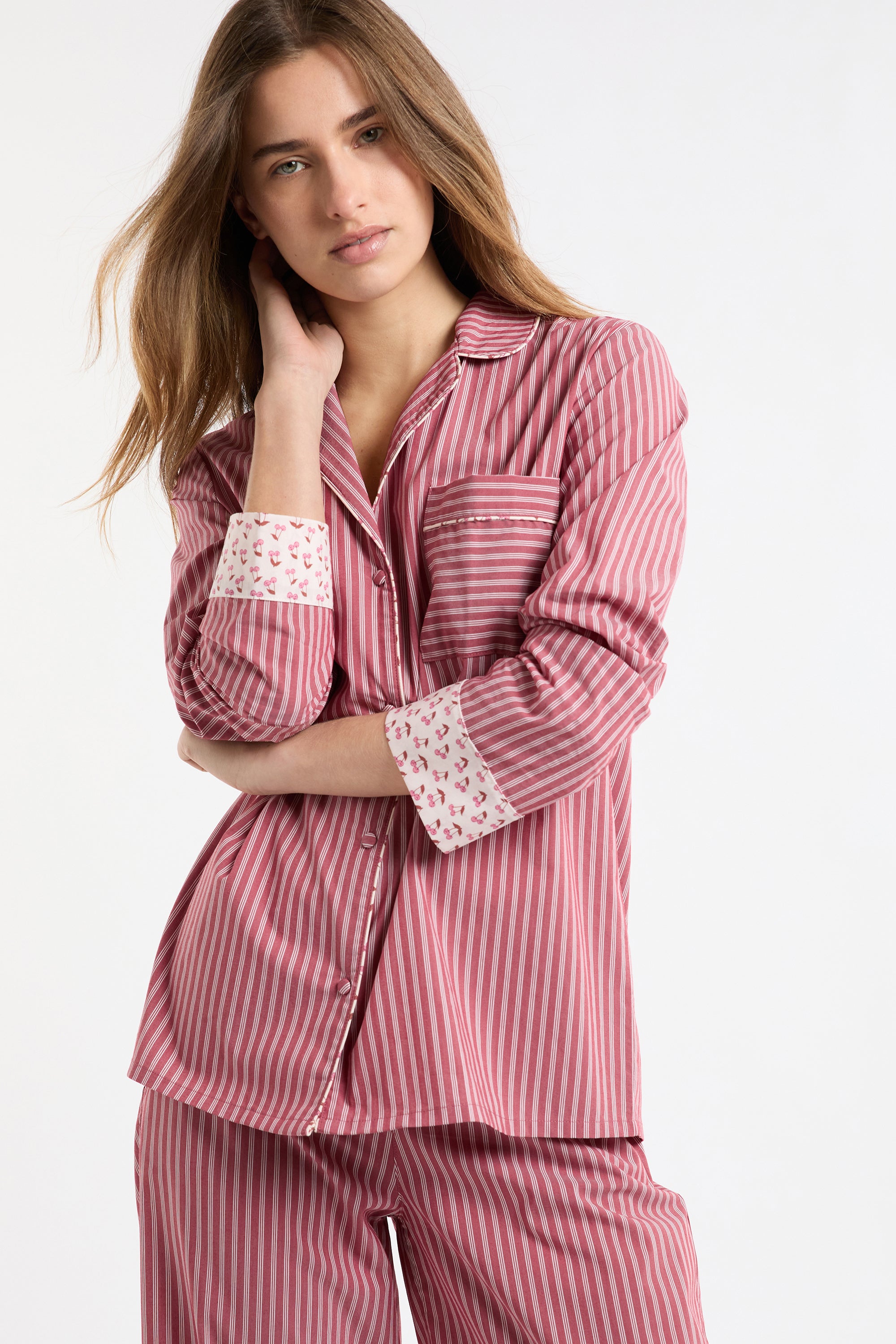 Striped Cotton Pajama Shirt With 'Cocktail' Details