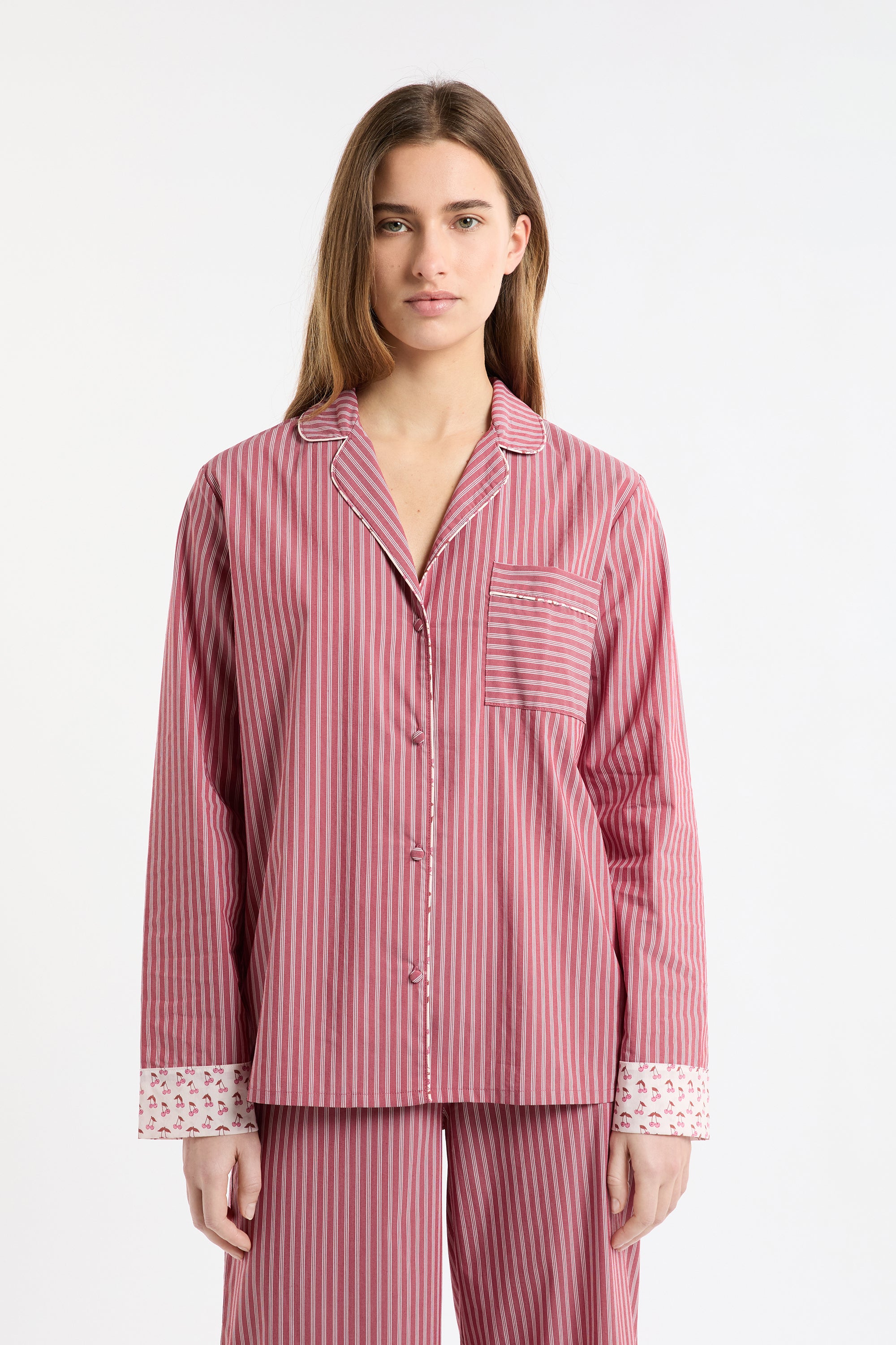 Striped Cotton Pajama Shirt With 'Cocktail' Details