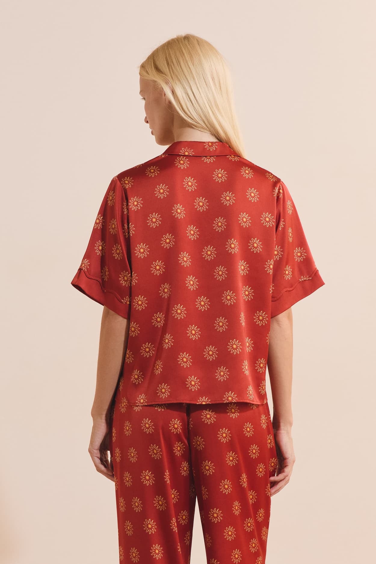 Satin Floral Patterned Pajama Shirt - carmin
