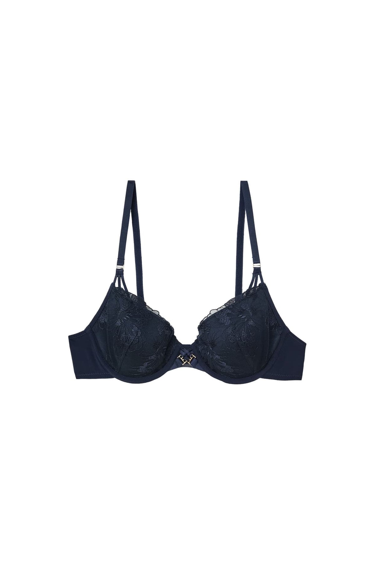 Soutien-gorge N.4 - Le coques fines en broderie florale in marine, flat lay view - Etam