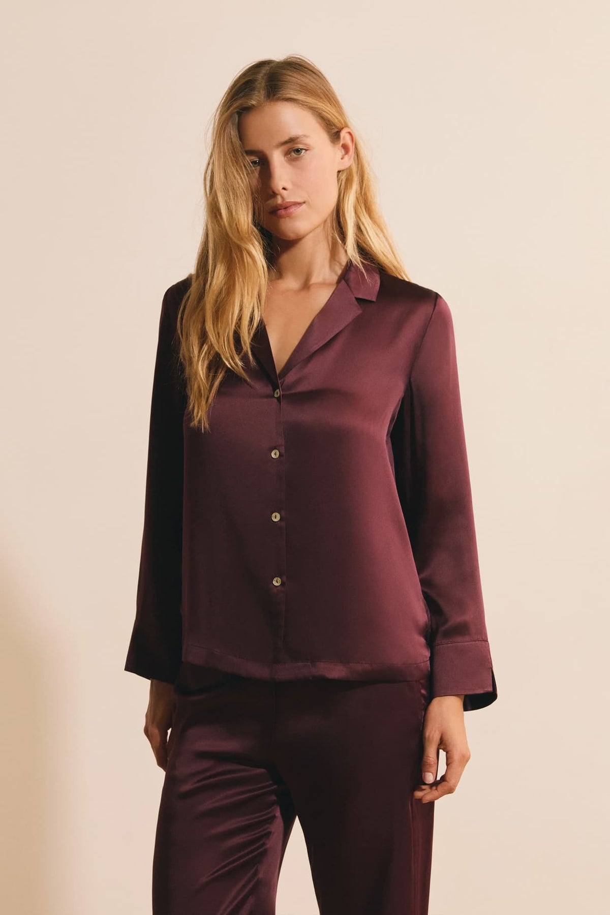 Silk Pajama Shirt — Aubergine — image 1 / قميص بيجاما من الحرير — باذنجاني — صورة 1