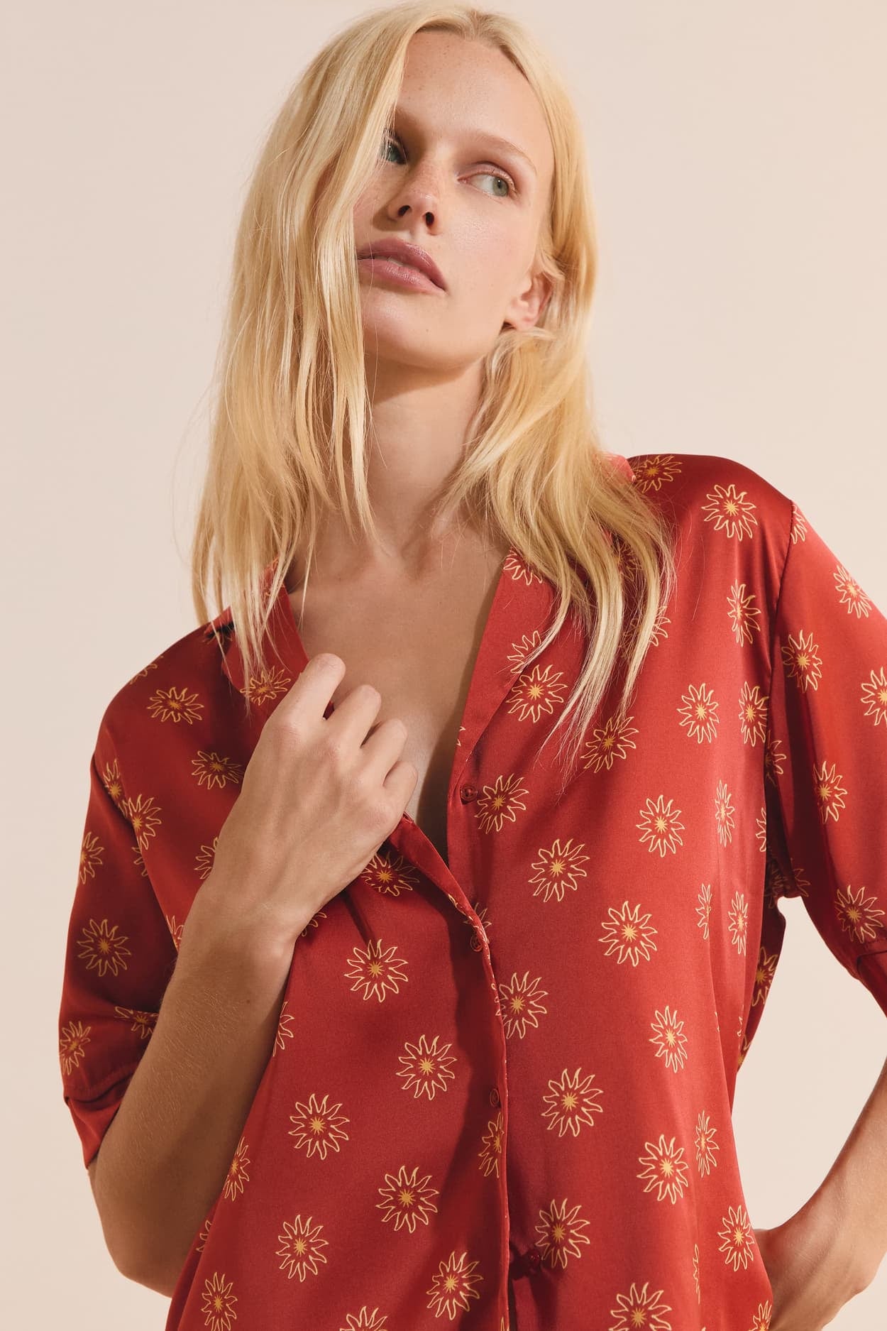 Satin Floral Patterned Pajama Shirt - carmin
