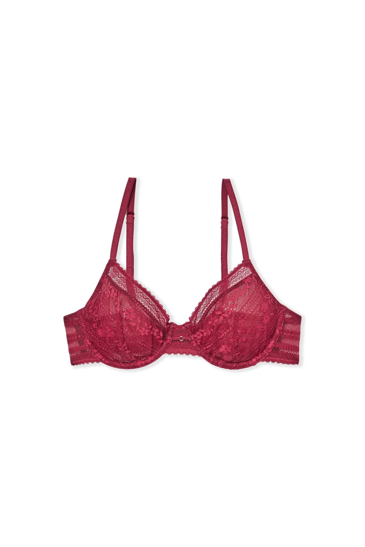 Lace Bra with Gold Jewel Detail in grenat, flat lay view - Etam