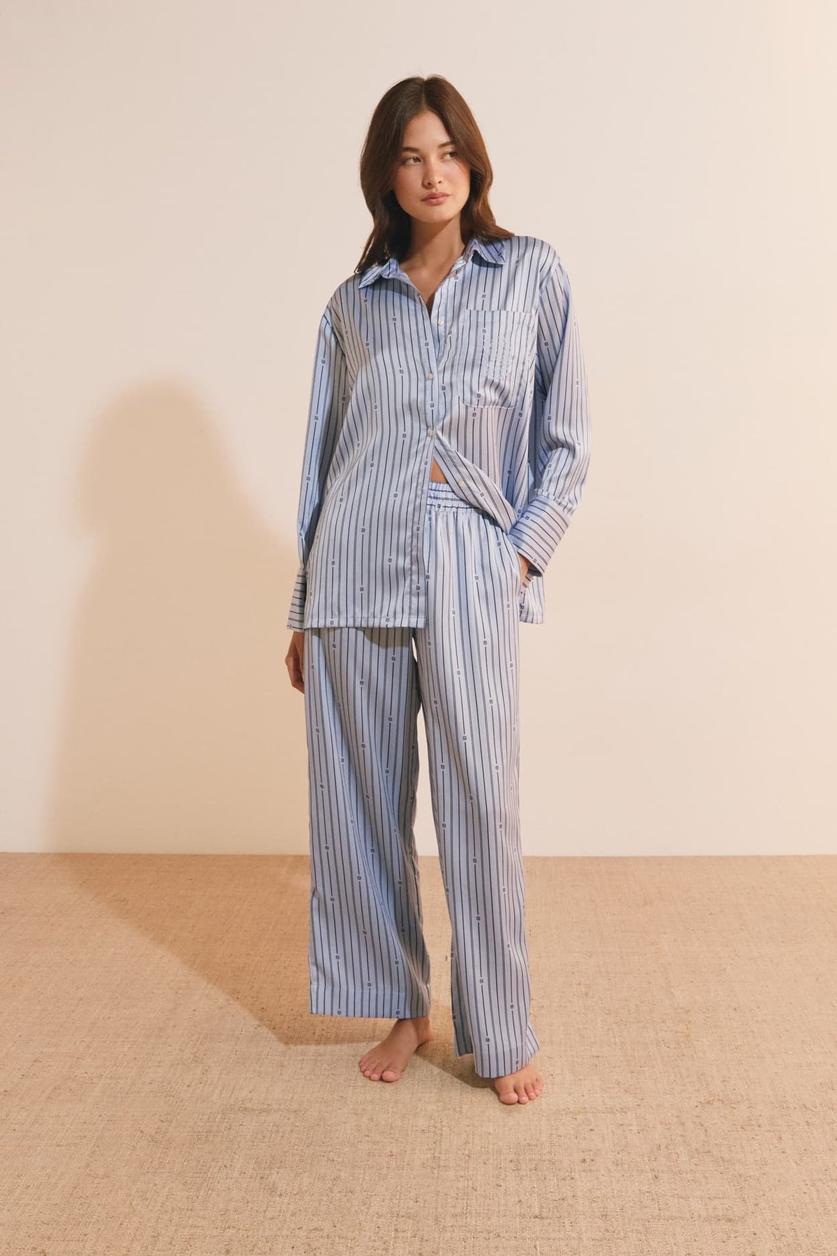 Striped Satin Pajama Shirt in blue, styled view - Etam