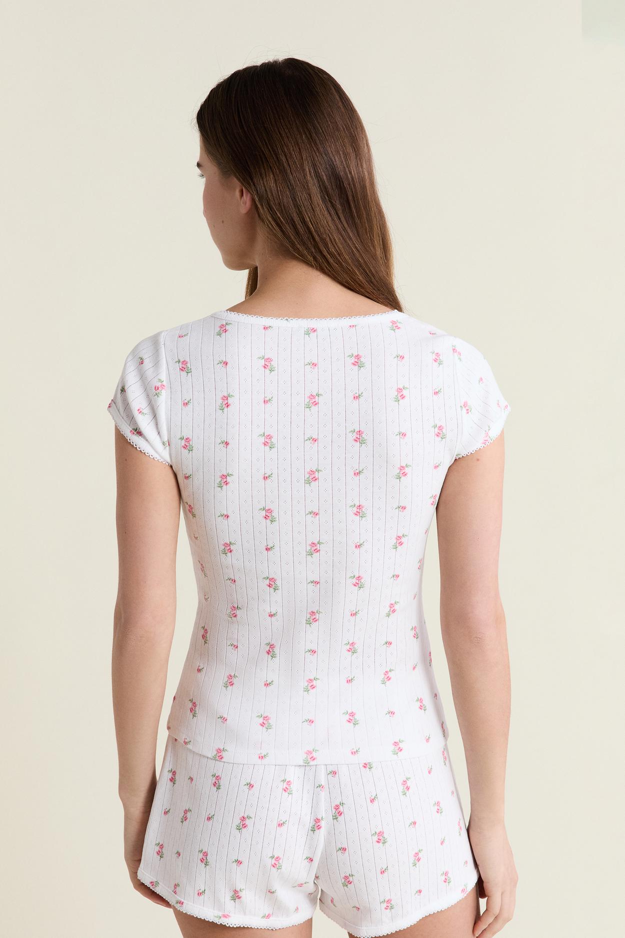 Pyjama T-Shirt With Cotton Pointelle Motifs