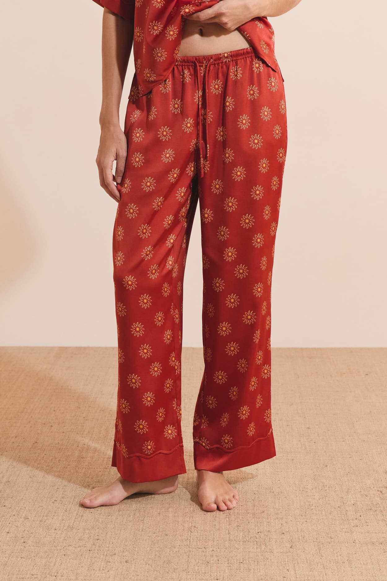 Satin Floral Patterned Pajama Pants - carmin